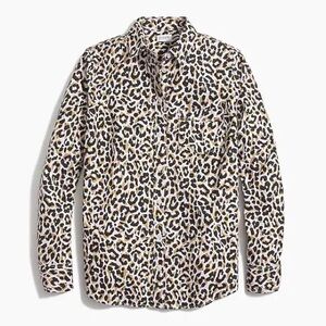 J. Crew Factory Leopard Button Up Cotton Poplin Top in Signature Fit Extra Small